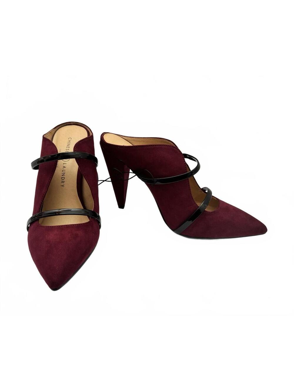Chinese Laundry Women's Burgundy Suede Pointed Toe Black Strap Slip-On Pumps, 9M
